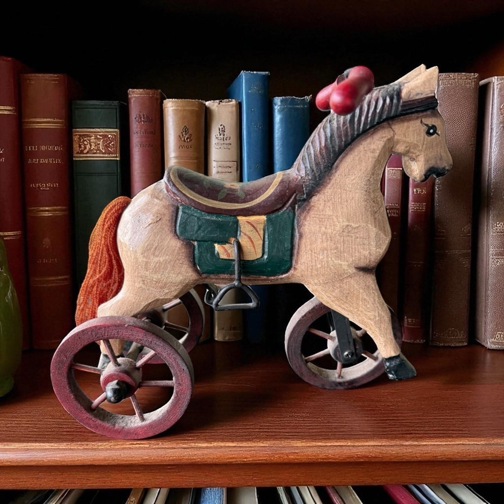 Vintage Hand Carved Wooden Horse Tricycle Folk Art Decor Multicolor - Picture 3 of 7